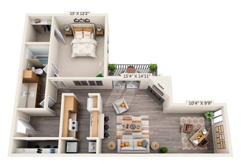 Floor plan for 1 bed, 1 bath, 982 sqft